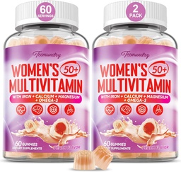 Gommies multivitamines pour femmes 50 Plus - avec Omega 3, Coenzyme Q10, Fer, Calcium, zinc, vitamine A, C, D3, E, K2, Complexe B, Folate - Multivitamines et minéraux pour l'énergie, la beauté, l'Immune, sans sucre