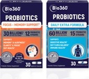 Bio360 Probiotiques Bundle, formule de soutien cognitif et formule quotidienne supplémentaire, soutien cérébral et compléments de santé Gut, aide à soutenir la mémoire, la concentration et la digestion, 2 x 30 suppléments végétaliens