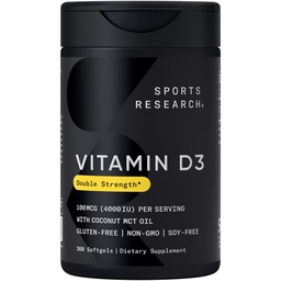 Sports Research® Vitamin D3 4000 IU with Coconut MCT Oil - Double Strength Vitamin D Supplement - Gluten Free · Non-GMO · Soy Free - 360 Count Softgels