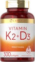 Carlyle Vitamine K2 Supplément D3 : 300 softgels 200 mcg K2 MK7 & 10 000 UI D3
