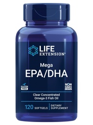 Prolongation de vie Mega EPA/DHA, acides gras oméga-3, santé du coeur et du cerveau, sans OGM, sans gluten, 120 softgels