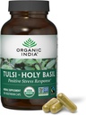 INDE ORGANIQUE Tulsi Capsules de Basilic Saint - Extrait de Basilic Saint, Supplément à base de plantes, Soutien immunitaire, Soulagement du stress, Vegan, Sans gluten, Casher, Organique, Non-OGM - 180 Capsules
