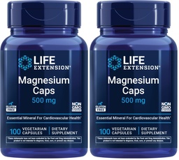 Prolongation de la vie Bouchons de magnésium, 500 mg, Oxyde de magnésium, Citrate, Succinate, Santé du coeur, Bons sains, Soutien au métabolisme, 100 Capsules végétariennes (paquet de 2)