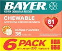 Bayer Aspirine faible dose 81 mg Comprimés à croquer, analgésique, aromatisé à l'orange, 216 Comprimés (6 boîtes)