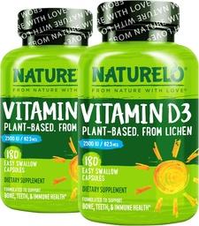 NATURELO Vitamine D - 2500 UI - Plante à base de lichen - Supplément naturel D3 pour le système immunitaire, le soutien osseux, la santé articulaire - Vegan - Non-OGM - Sans gluten - 180 capsules (paquet de 2)