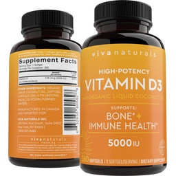 Viva Naturals Vitamine D3 5000 UI Softgels, 360 Compte (125 mcg), soutient la santé osseuse et immunitaire, haute puissance Vitamine D