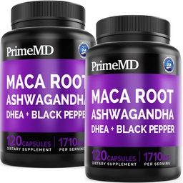 Capsules 6-en-1 de racine de maca ashwagandha biologique 1710mg avec DHEA et extrait de poivre noir pour les femmes et les hommes - Supplément de maca noir pour l'endurance, les os et l'humeur, 120ct (paquet de 2)