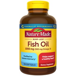 Nature faite Burp moins huile de poisson Omega 3 suppléments, 1000mg Softgels, Omega 3 suppléments huile de poisson pour un soutien cardiaque sain, 150 Softgels, 75 jours d'approvisionnement
