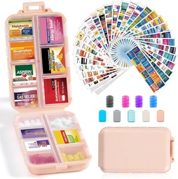 14 Grilles Boîte d'organisateur de pilules de voyage avec 415-Pcs Medicine Name Etiquettes - Pocket Daily Pharmacie Trousse de contenants - Distributeur de médicaments de voyage pour l'huile de poisson entreposage de supplément de vitamine - Rose