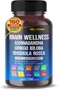 Bien-être Cerveau Ginkgo Biloba Rhodiola Cordyceps Camomile Ashwagandha Gotu Kola Bacopa Rosemary Saint Basilic Noir Pepper -150 Capsules- Fabriqué aux États-Unis