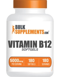 BulkSupplements.com Vitamin B12 5000 mcg Softgels - Cyanocobalamin, Vitamin B Supplements, B12 Vitamins Pills - Gluten Free, 1 Vitamin B12 Softgel per Serving, 180-Day Supply, 180 Softgels