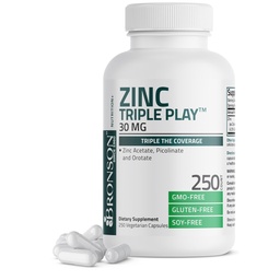 Bronson Zinc Triple Play 30mg Triple Coverage Immune Support with Zinc Acetate, Picolinate & Orotate - Immune, Antioxidant & Skin Health Support - 250 Vegetarian Capsules