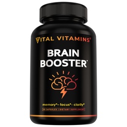 Vital Vitamins Brain Supplements with Bacopa Monnieri - for Memory and Focus – Nootropic Brain Booster - Caffeine-Free Support for Adults & Seniors – Non-GMO, 30-Day Supply, 30 Capsules