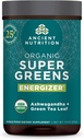 Alimentation ancienne SuperGreens Bio Poudre d'Energizer avec Probiotiques et B12, Fabriqué à partir de Fruits, Légumes et Herbes Réels, pour Digestion, Détoxification et Soutien énergétique, 25 Servants