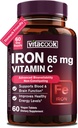 Iron Supplement for Women Men, High Potency Iron 65mg with Vitamin C 250mg, Slow Release Stomach Friendly Iron Pills for Red Blood Cell & Immune Support, Non-GMO, Gluten Free, 60 Vegan Tabs