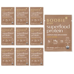 Boobie Body Superfood Protein Meal Replacement Shake, Coffee Caramel Flavor | 19g Protein | Safe For Pregnancy, Lactation, & Motherhood | Organic, Vegan, Zero Sugar, 10 Single Serve Packets (1.06 oz each)