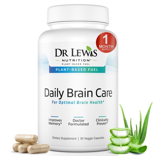 Dr Lewis Daily Brain Care Capsules - Brain Supplements for Memory and Focus with Aloe Vera - Plant-Based Nootropic and Energy Supplement for Brain Fog, Mental Clarity, and Immune Support - 90 Capsules